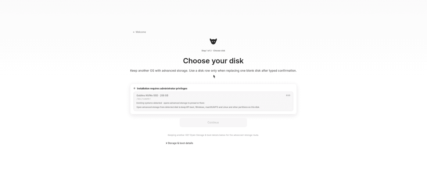 Goblins OS installer disk selection screen