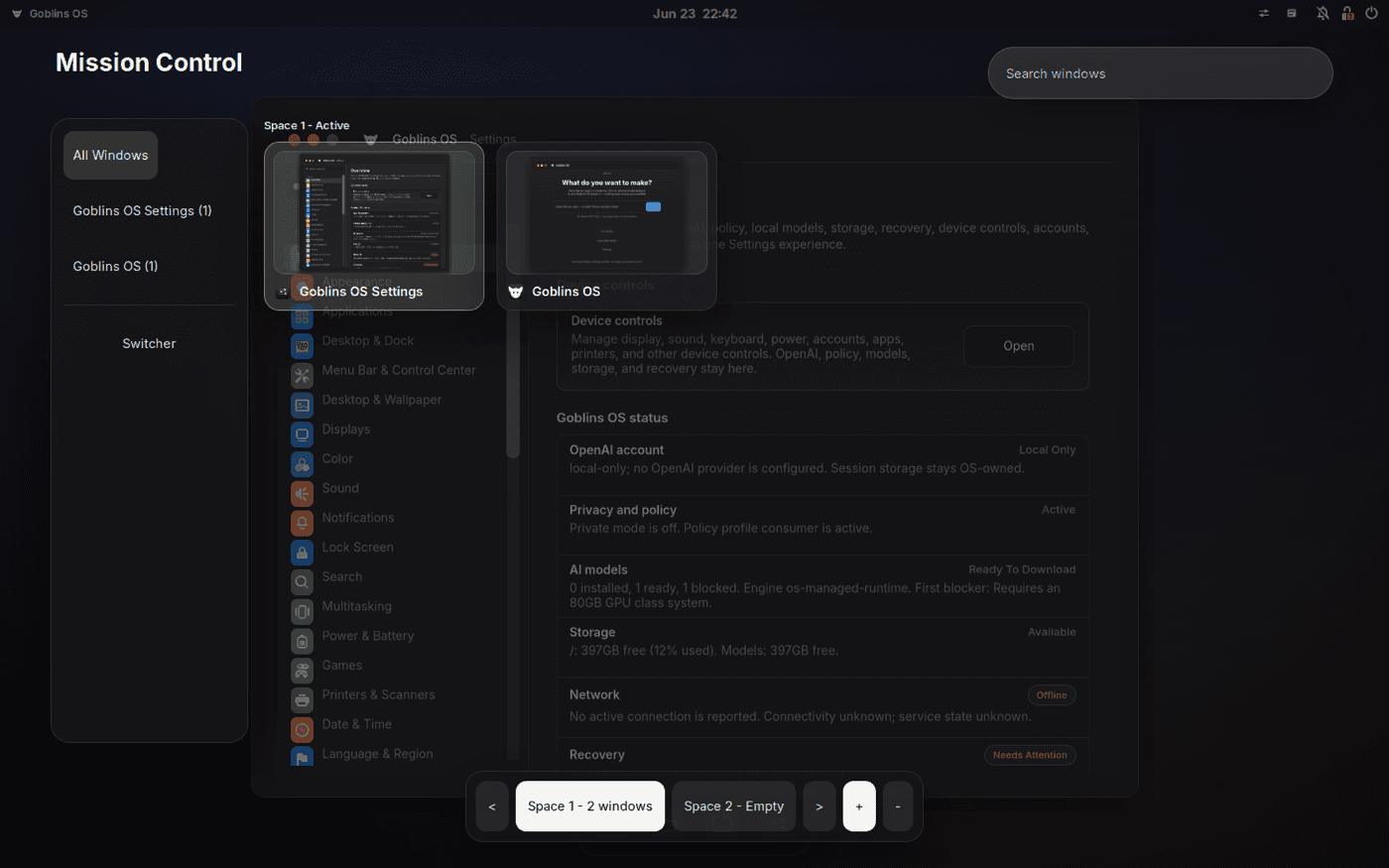Goblins OS workspace overview with windows
